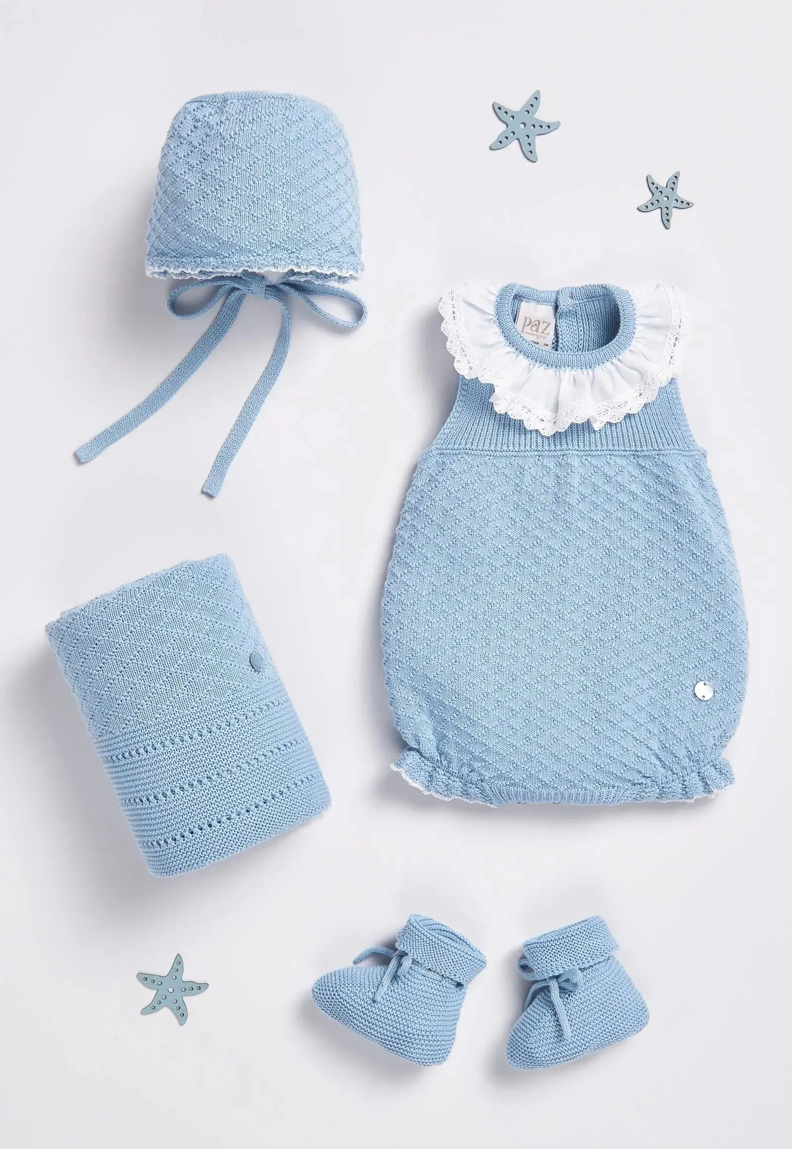 Baby Girls Knitted 3-Piece Romper Set - Ocean Blue