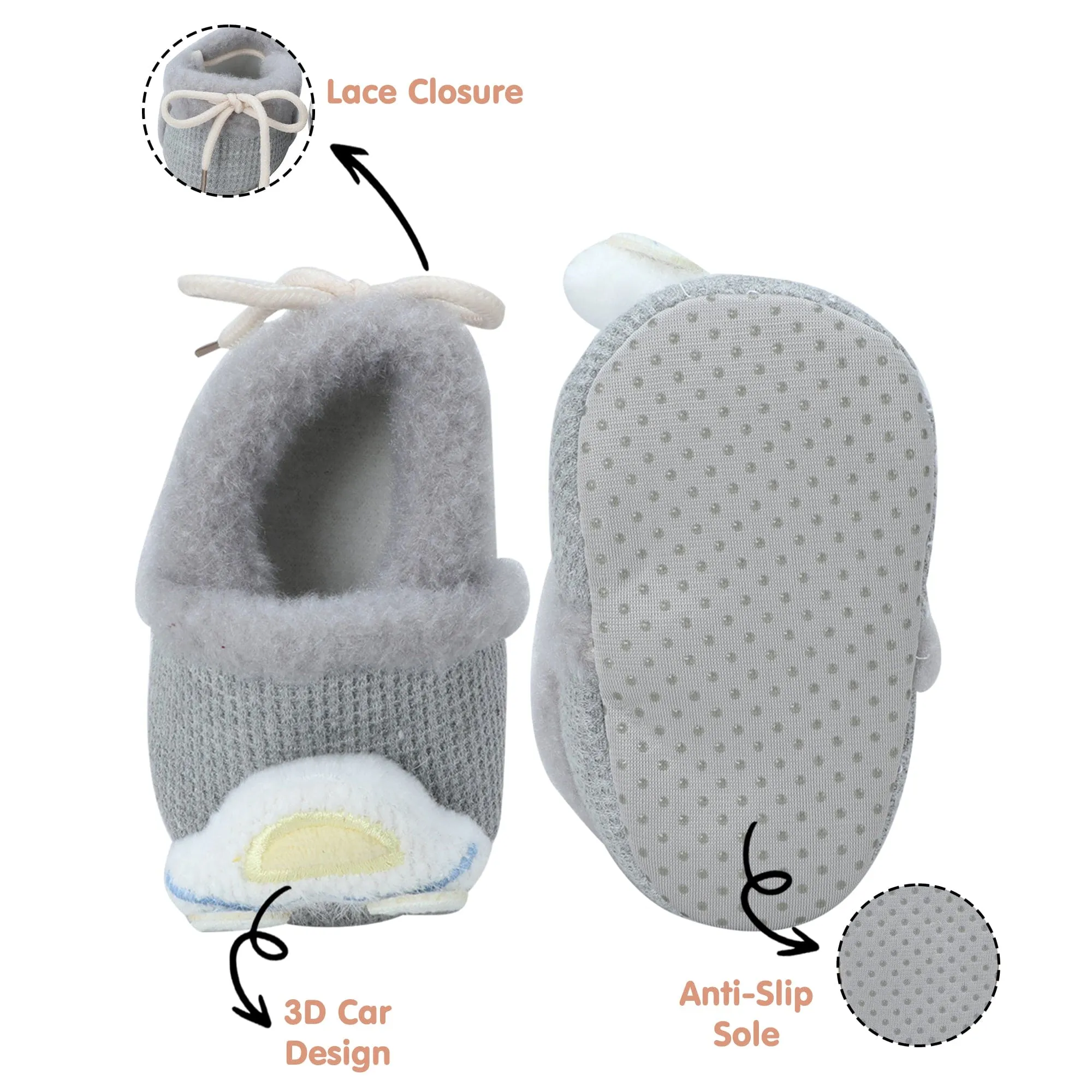 Baby Moo 3D Car Soft Slip-On Anti-Skid Plush Warm Booties - Grey