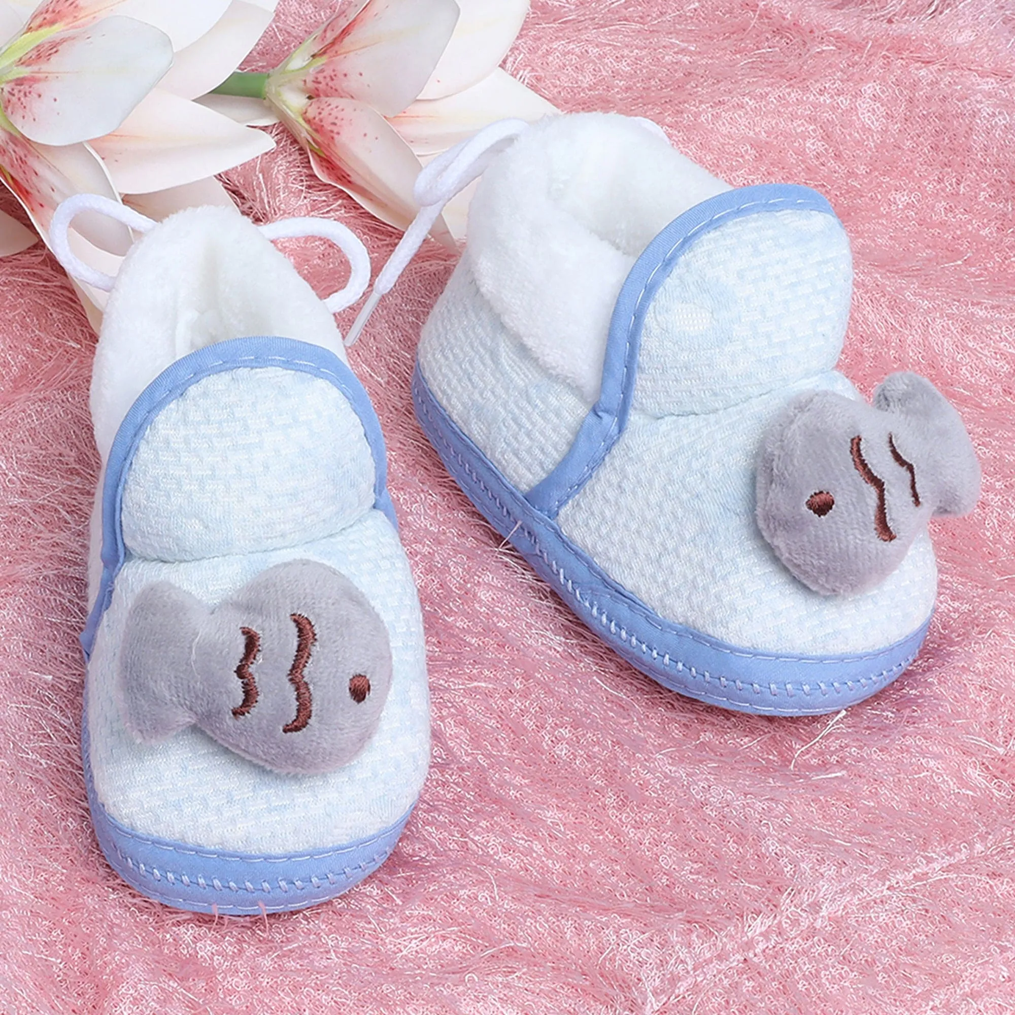 Baby Moo 3D Fish Soft Slip-On Anti-Skid Plush Warm Booties - Blue, Grey