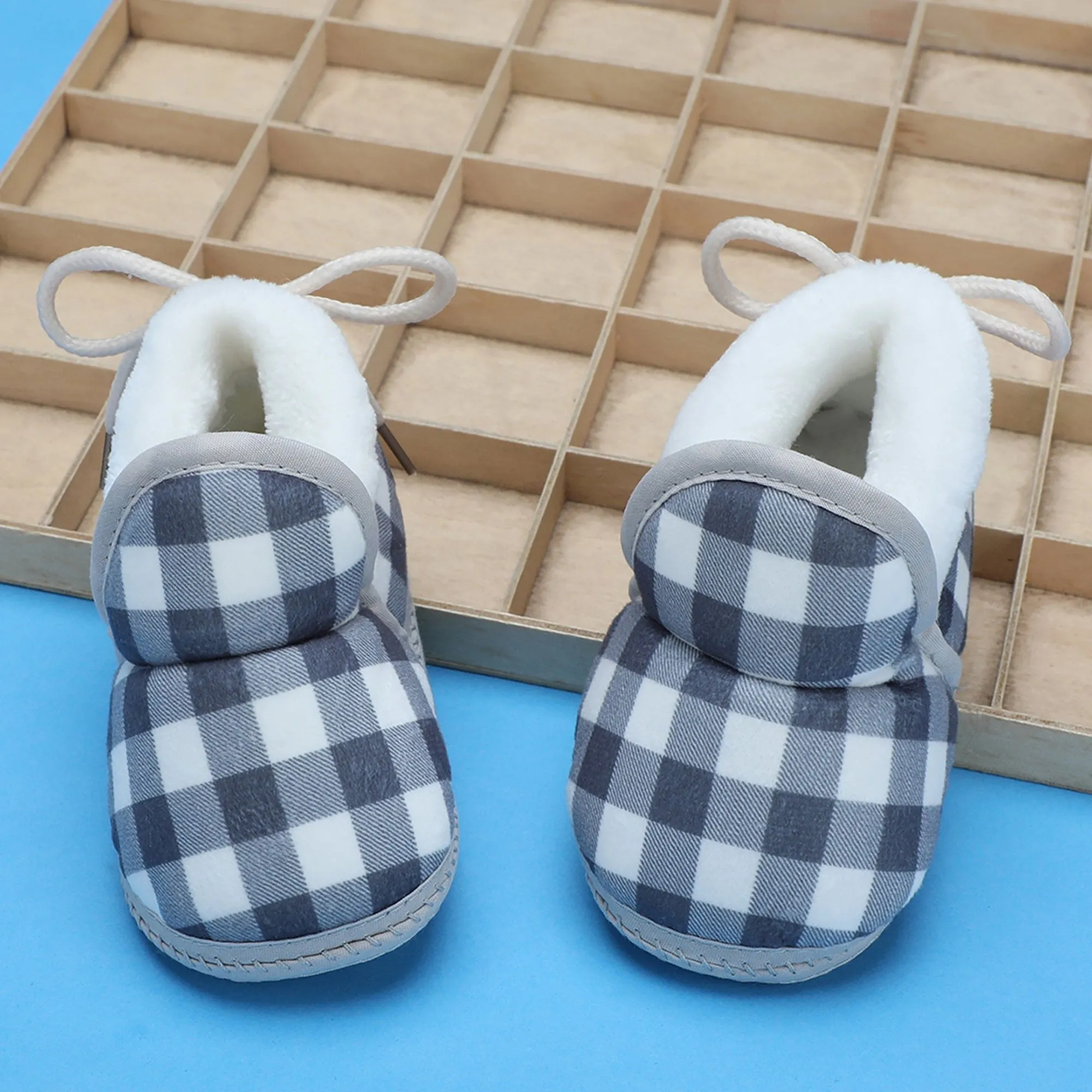 Baby Moo Checked Soft Slip-On Anti-Skid Plush Warm Booties - Blue