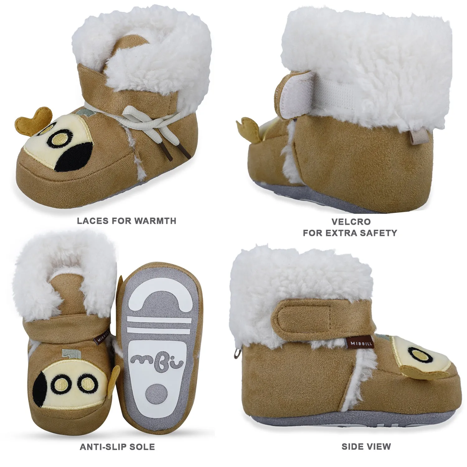 Baby Moo Submarine Velcro Warm Furry Booties - Brown