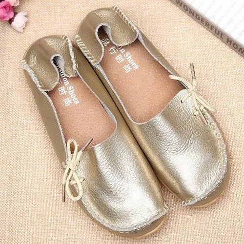 Big Size Shine Lace Up Flat Soft Pure Color Leather Shoes