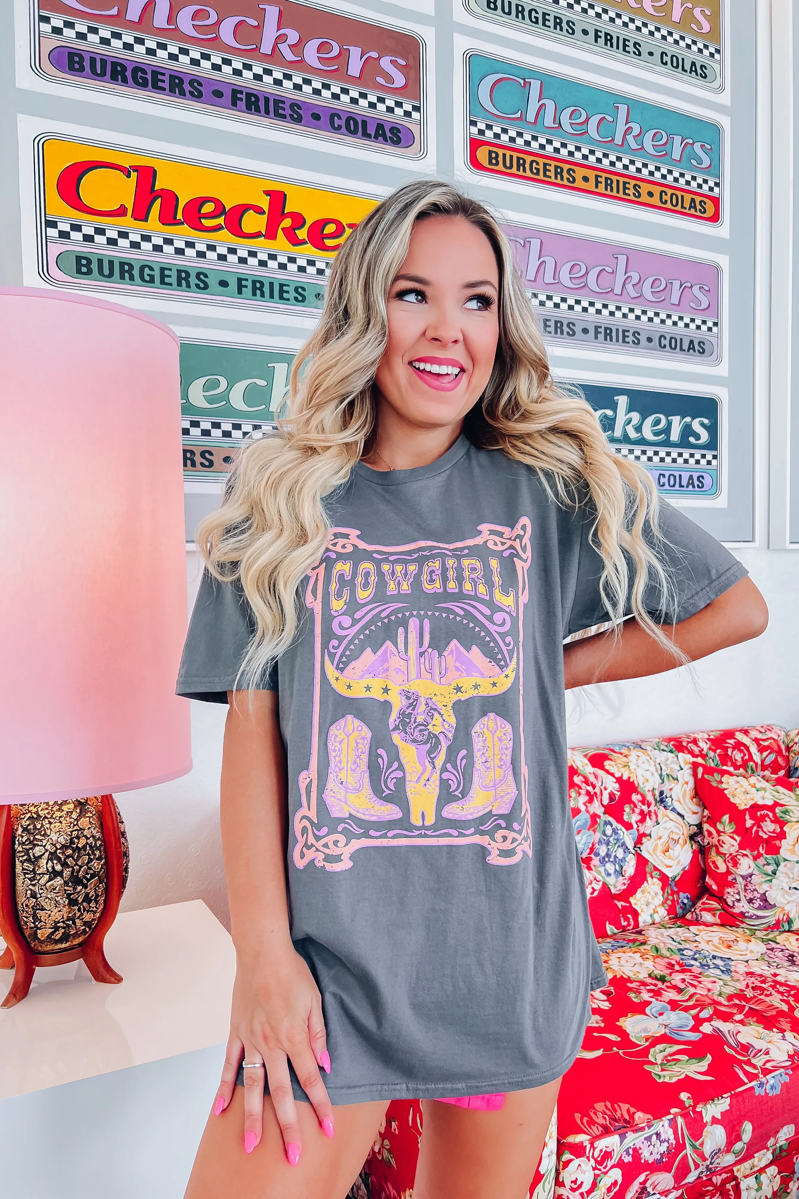 Cow Girl Desert Graphic Tee - Charcoal