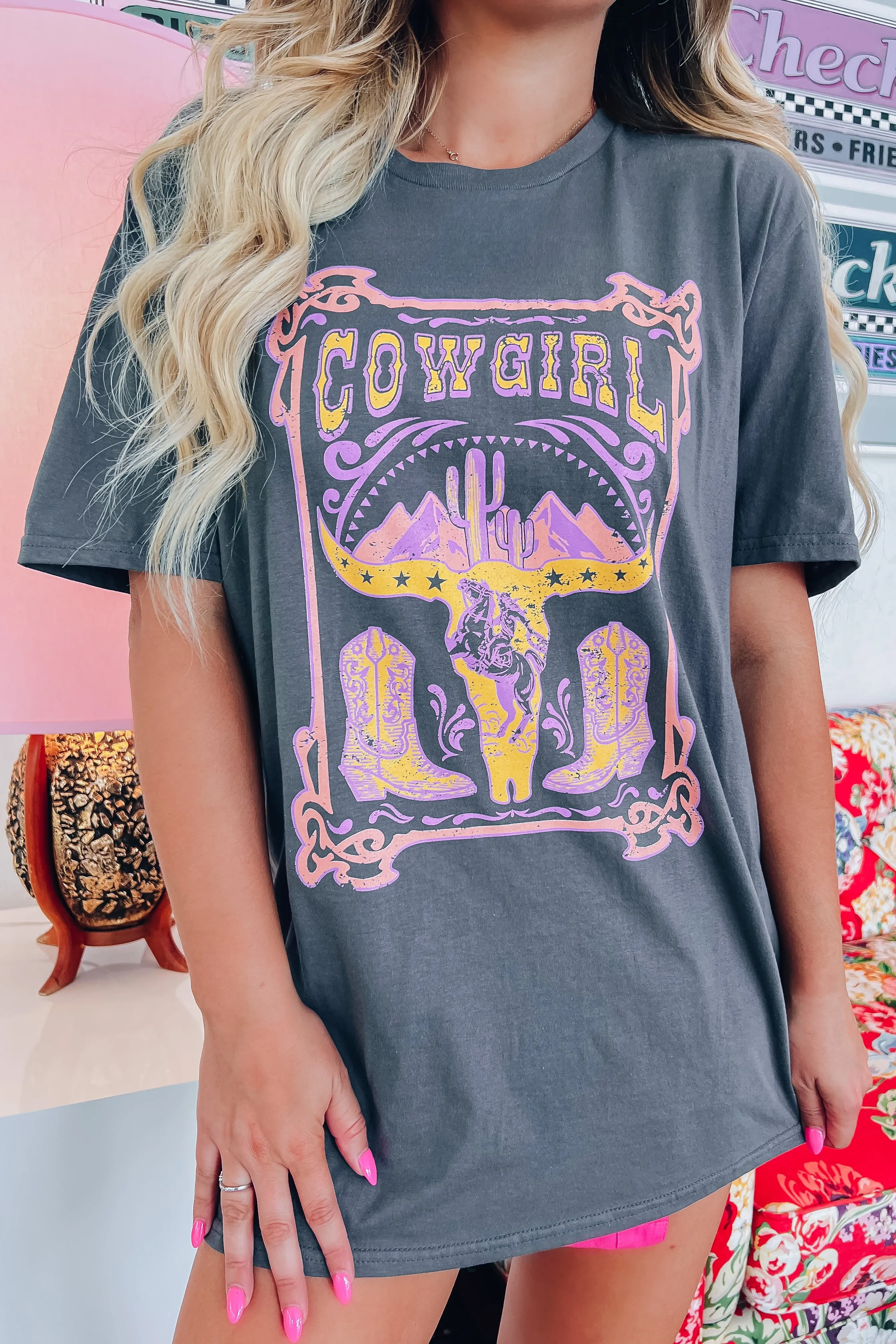 Cow Girl Desert Graphic Tee - Charcoal