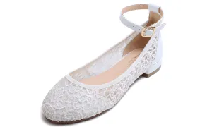 Feversole Women's Mary Jane Fashion Round Toe Easy Buckle Slip On Flats White Lace Flat Heel Ankle Strap