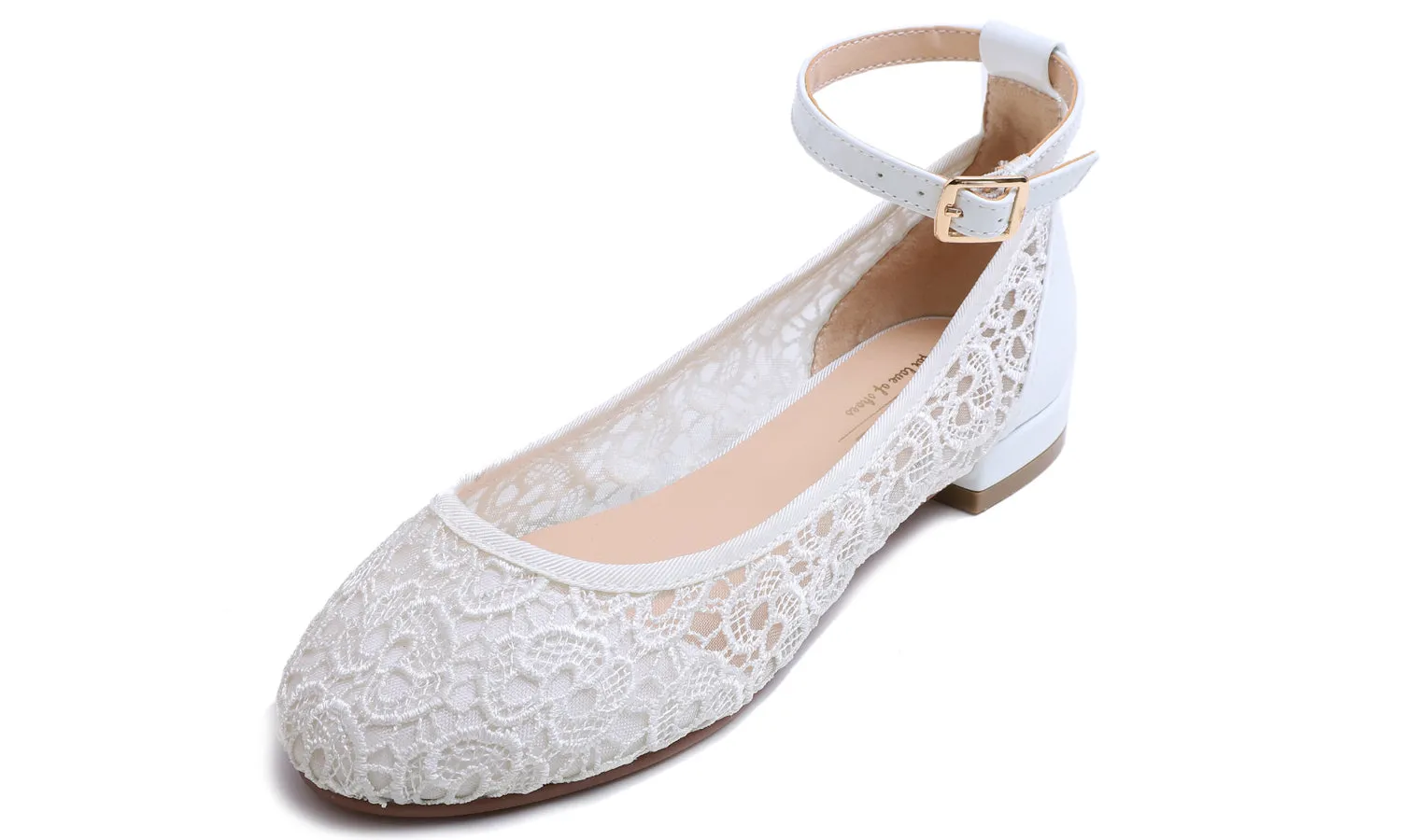 Feversole Women's Mary Jane Fashion Round Toe Easy Buckle Slip On Flats White Lace Flat Heel Ankle Strap