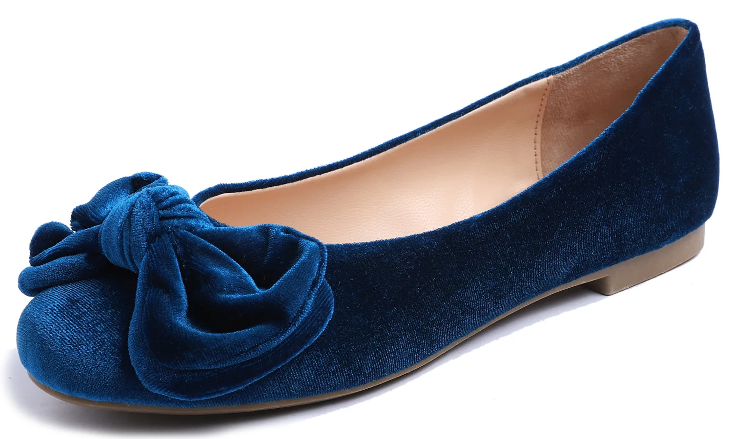 Feversole Women's Round Toe Cute Bow Trim Ballet Flats Peacock Blue Velvet Twist Bow