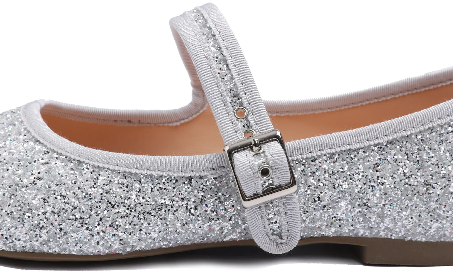 Feversole Women's Soft Cushion Extra Padded Comfort Round Toe Mary Jane Metal Buckle Fashion Ballet Flats Walking Shoes Ice Silver Glitter