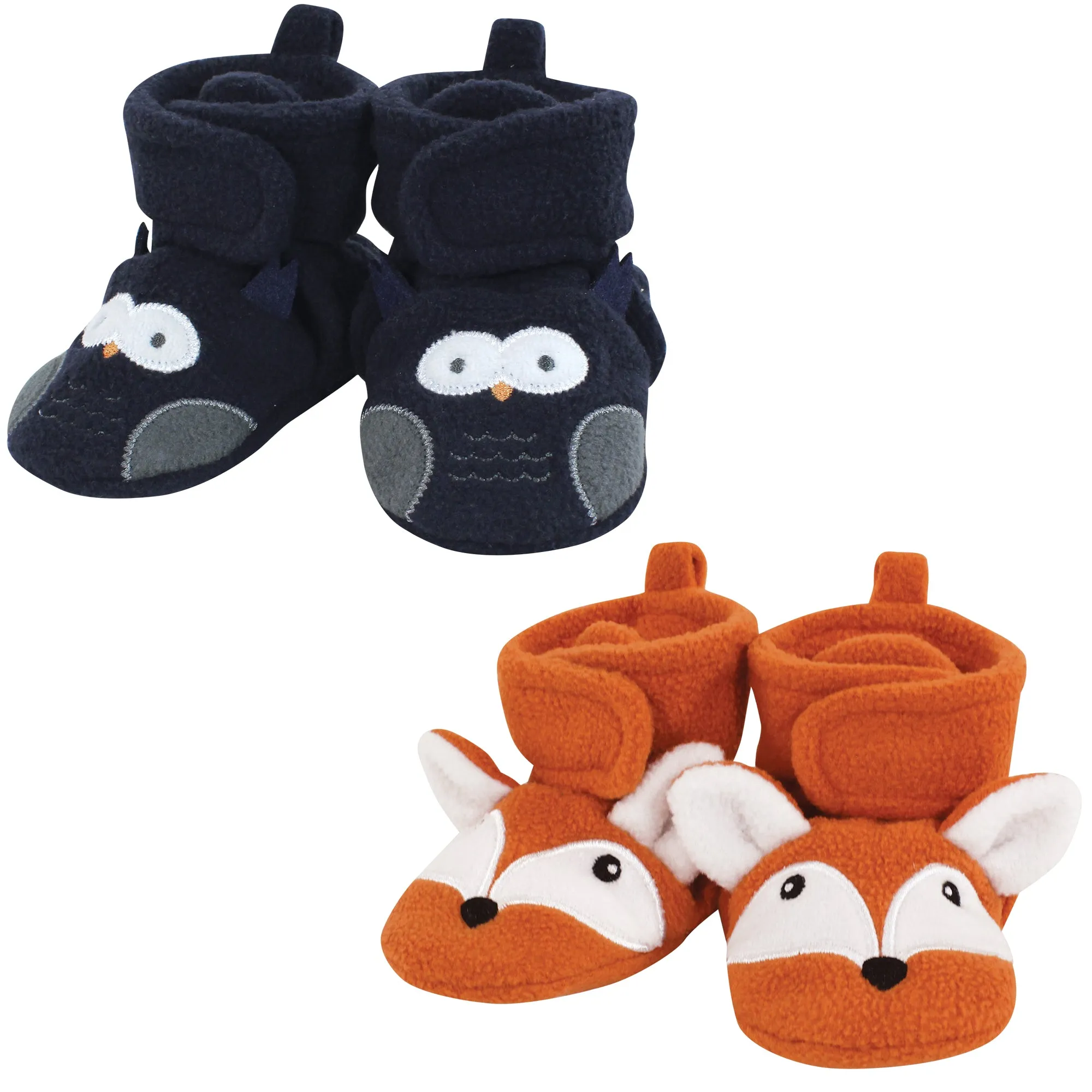 Hudson Baby Animal Fleece Booties 2-Pack, Navy Owl Fox