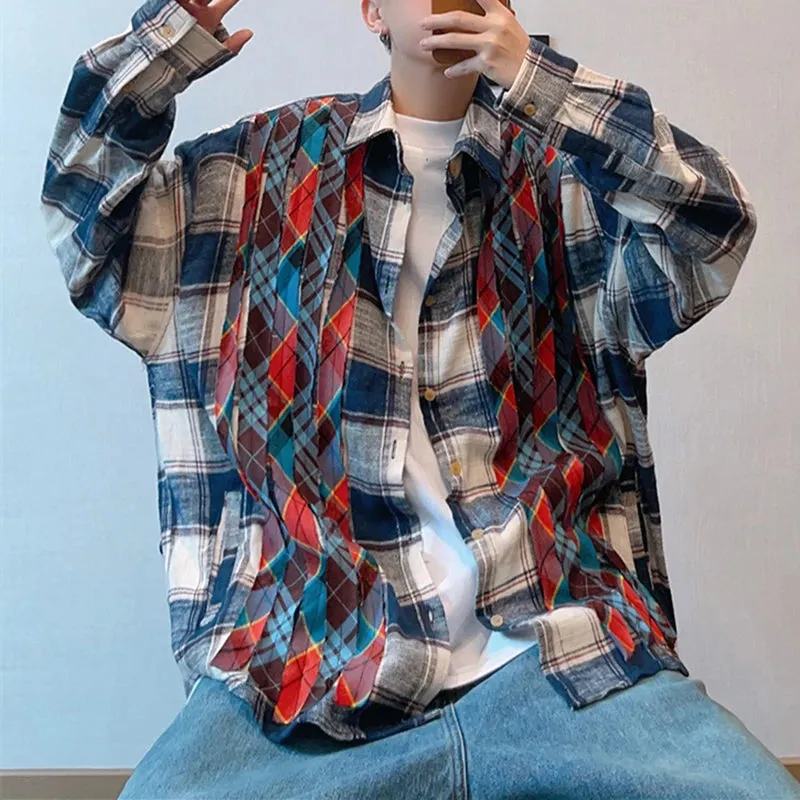 Japanese Streetwear Color Plaid Shirt Men Clothing with Patchwork