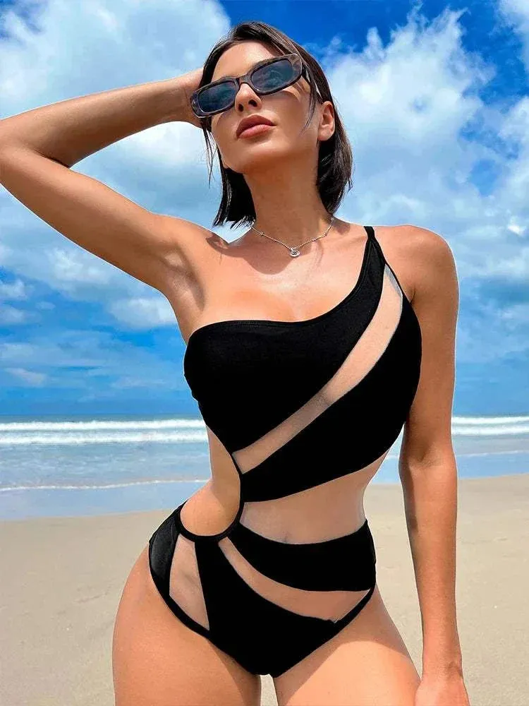 One Shoulder Bathing Suit - Stylish 2024 Mesh Patchwork Sexy Bikini