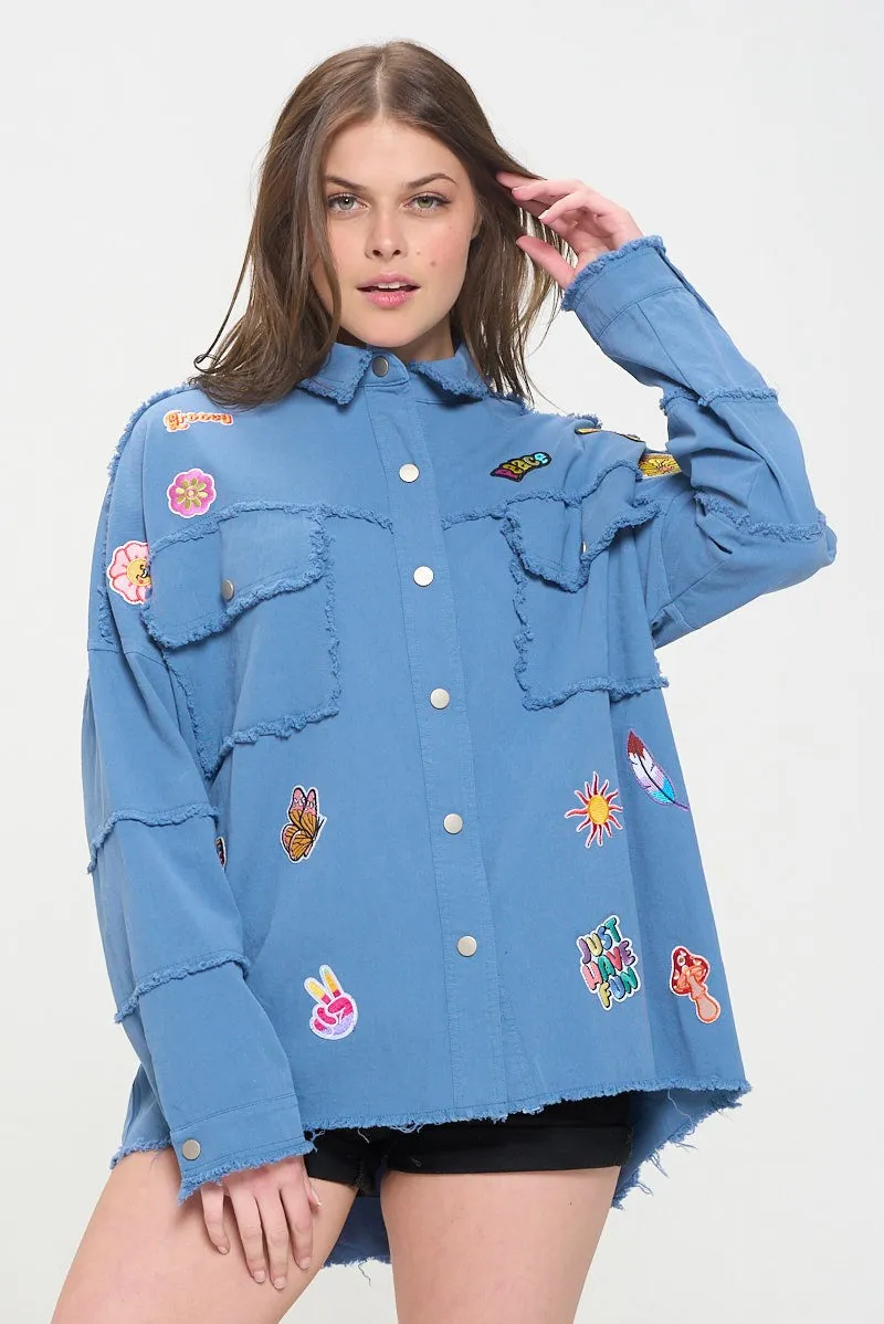 Patchwork Fray Hem Button Down Shirt