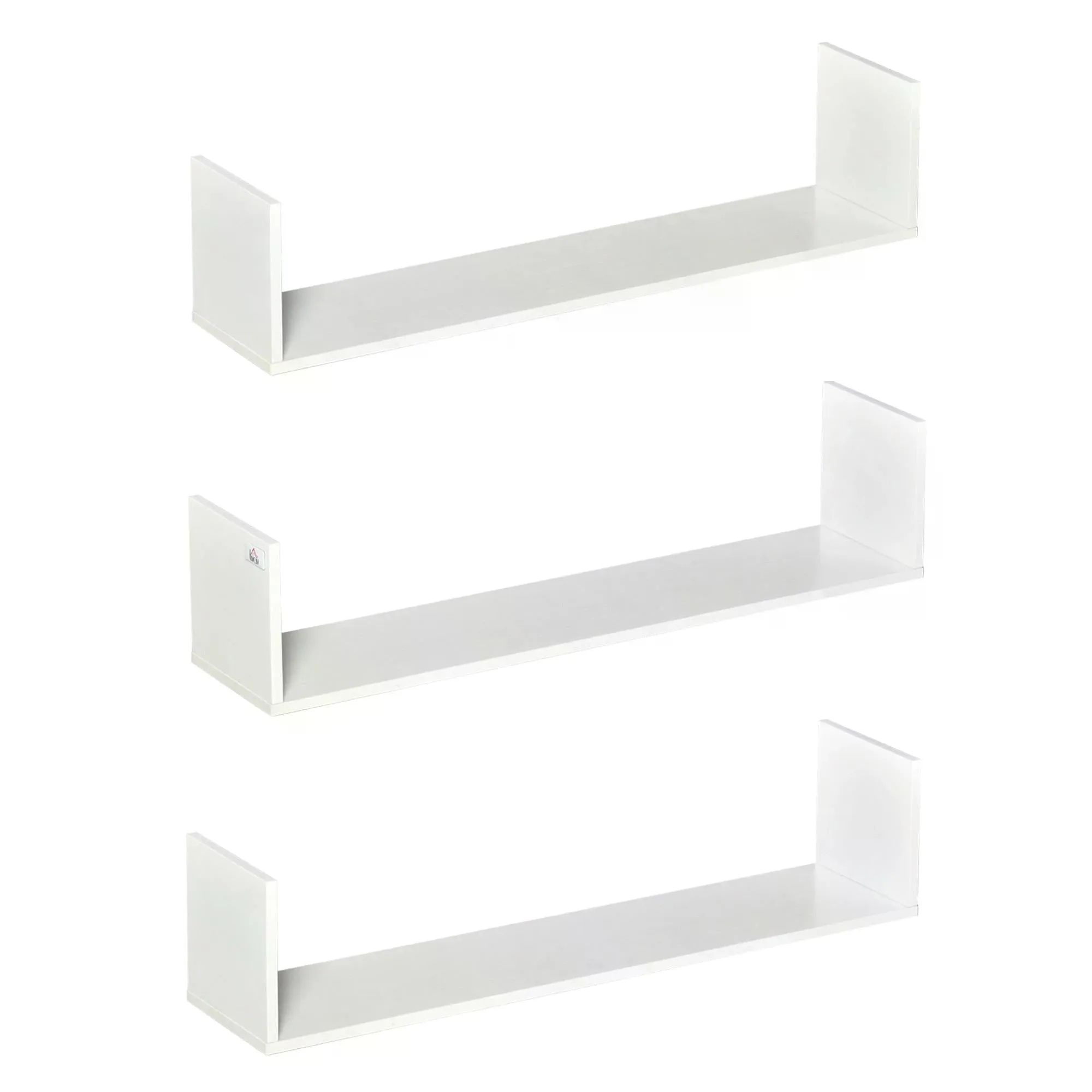 Set of 3 Wooden U-Shaped Floating Shelves Set Wall Mounted Hanging Bookshelf CD DVD Storage Display for Bedroom Living Room Kitchen, White