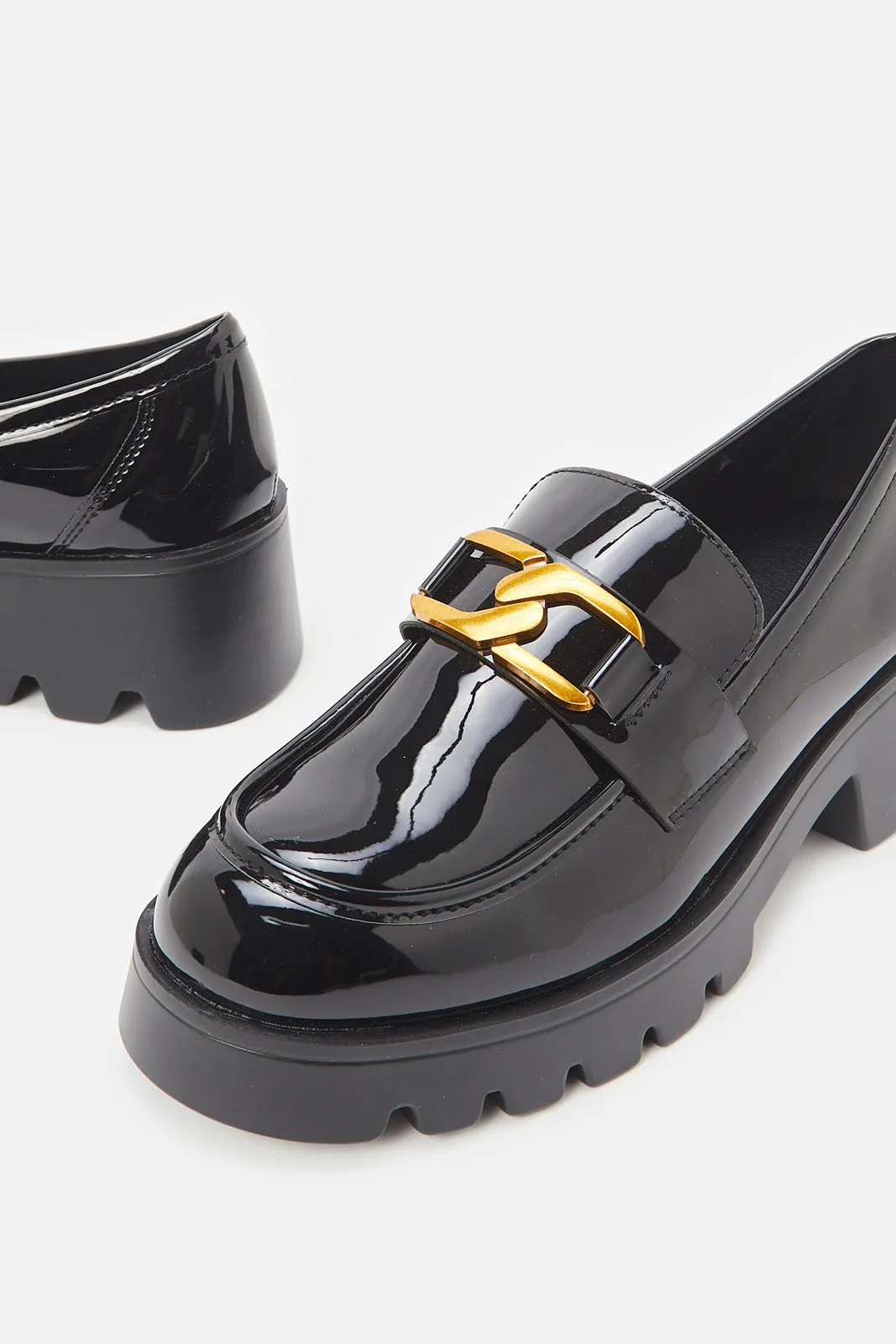 Women Black Patent Chunky Loafers